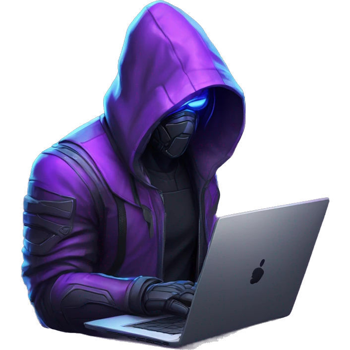Side view developer behind his laptop with this style : crysis Cyberpunk Valorant neon glowing bright purple character purple violet black hooded assassin themed character emoji