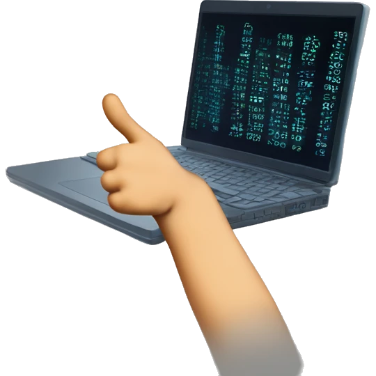 lose-up of a programmer's hand giving a thumbs up gesture. The hand is emerging from a keyboard, with lines of code visible on a blurred computer screen in the background. The overall mood is positive and encouraging. emoji