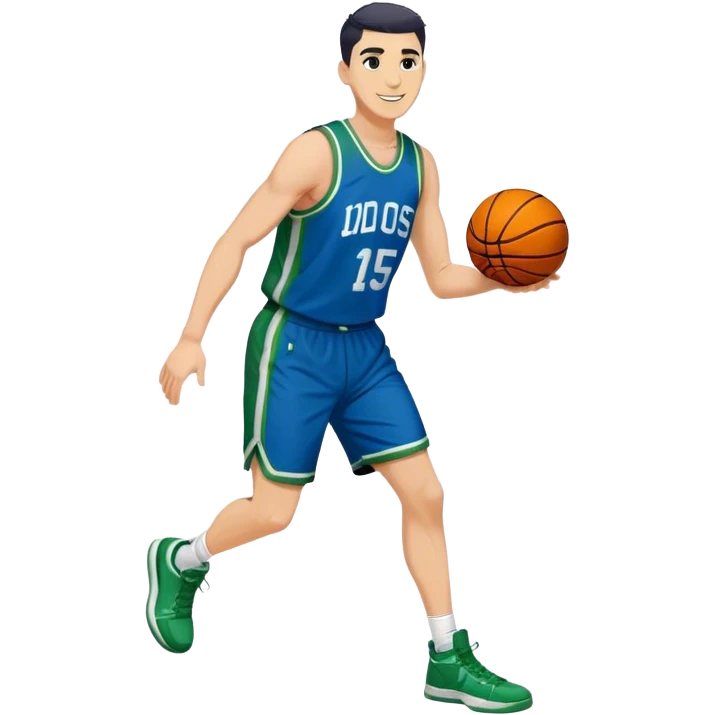 Full Body heavy tall white male with dark short spike hair basketball player wearing blue green uniform smiling emoji