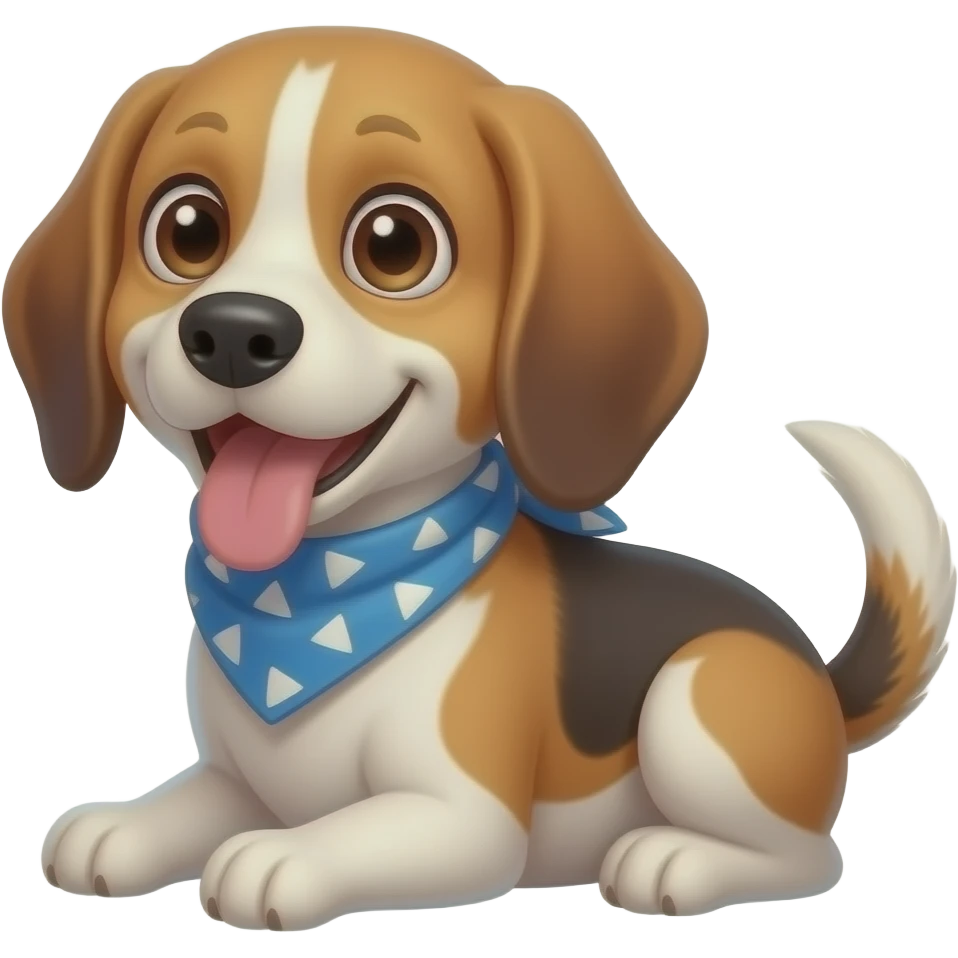 beagle dog with blue triangle scarf collar , sitting, toungue out, smiling, dumb looking, tongue out from the side, big tail, front view, looking at camera, silly, big eyes, cute emoji
