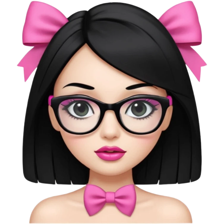 Pretty girl with long straight black hair, pink bow on the right side, big black glasses, fake lashes, makeup with eyeliner and glossy lips, white strapless top, upper body only emoji