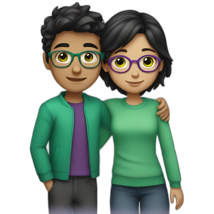 boy and girl hugging each other. the boy, has black wavy hair and wearing glasses, has green eyes. the girl, has medium-short straight hair dyed in purple, with brown eyes. emoji