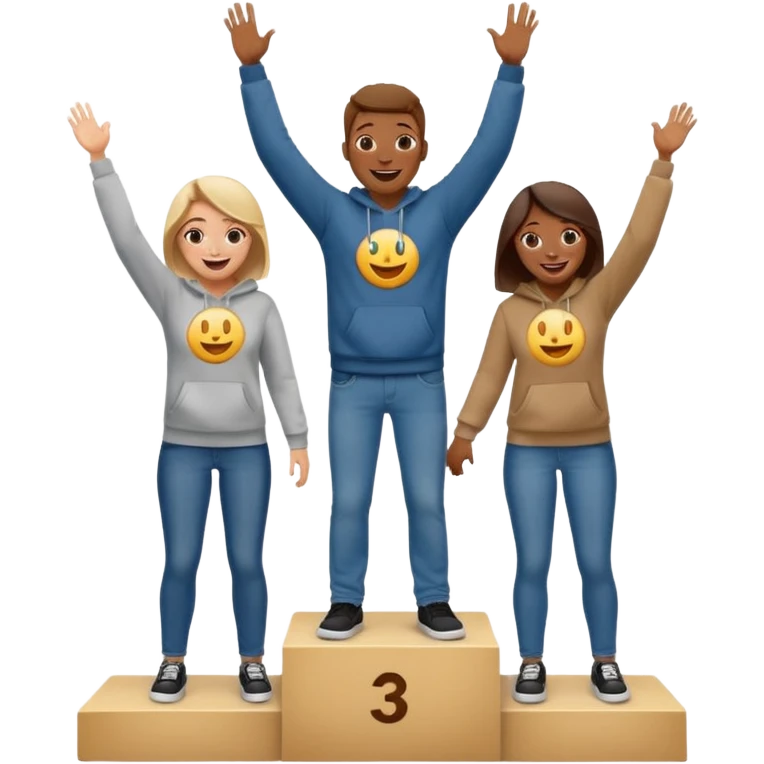 three people in jeans, t-shirts, and hoodies on a winners’ podium with the middle step higher, excited, fun, expressive emoji style emoji