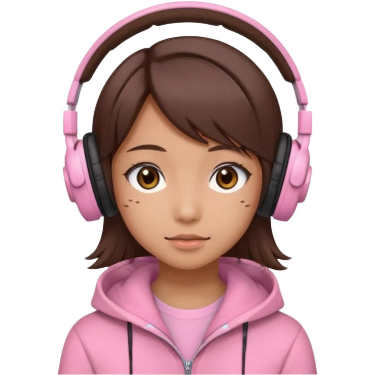 a japanese girl with brown layered cut hair. she has dark brown eyes, and has a cute super light pink gaming headphones emoji