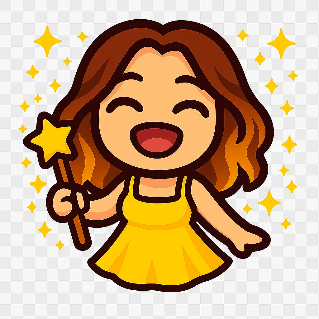 Update this chibi emote to remove the headband and change the outfit to a yellow sundress, laughing with eyes closed emoji