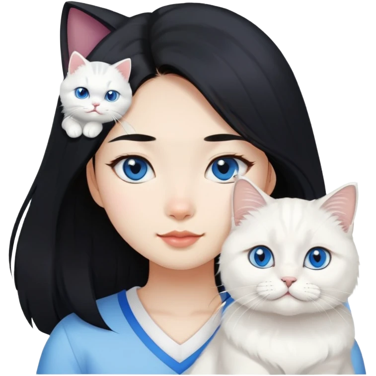 black hair Asiangirl with White British longhair cat blue eyes  emoji