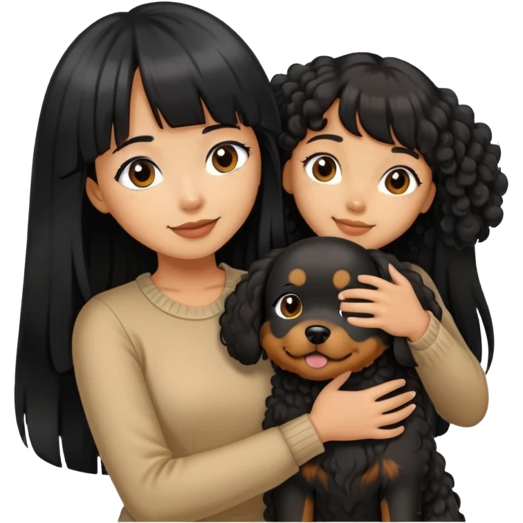 A beautiful girl with long black straight hair and bangs hugs a curly-haired dog emoji