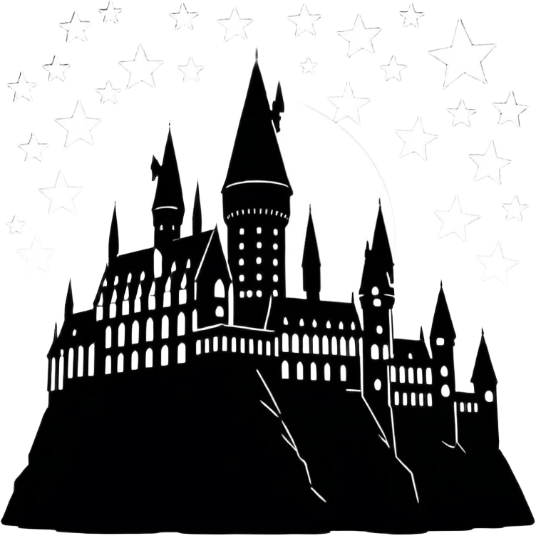 Harry Potter series, Hogwarts castle silhouette with stars, outlined only emoji