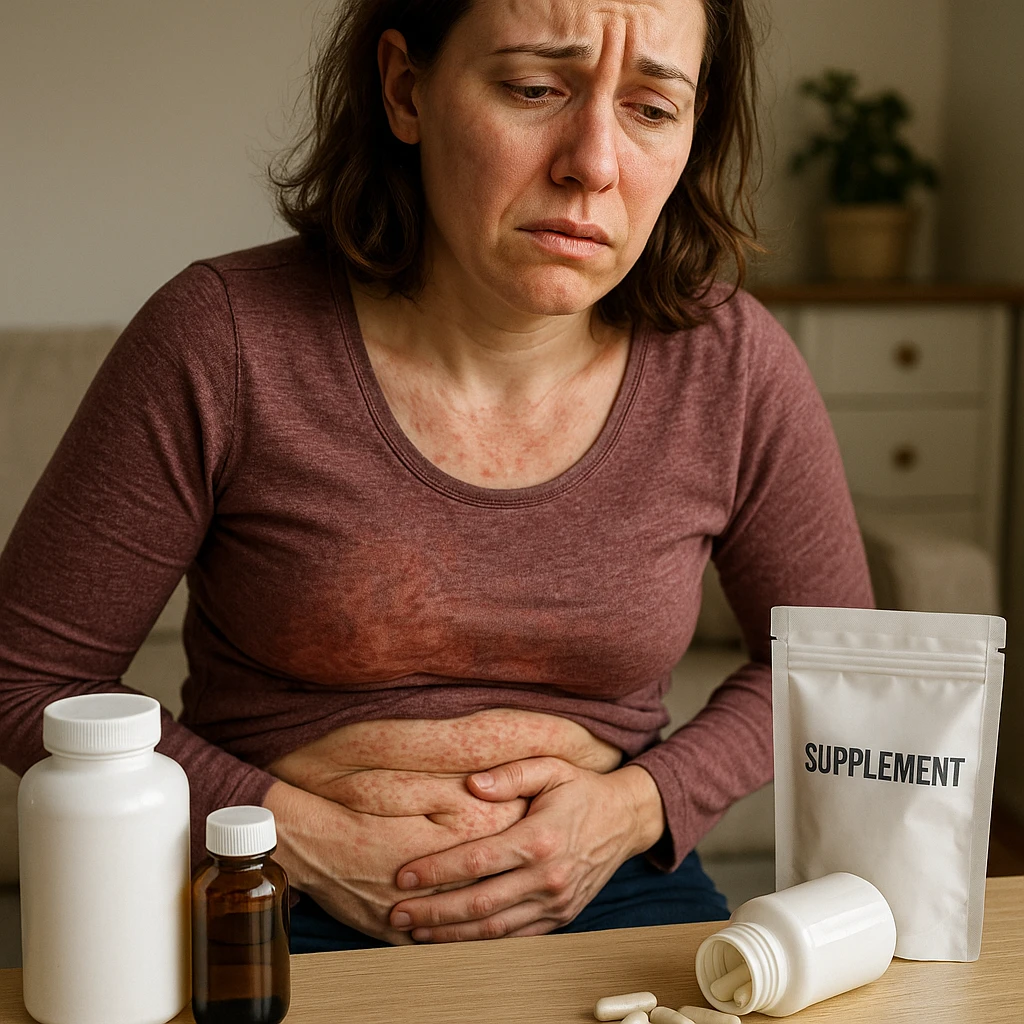 realistic style woman with intestinal dysbiosis caused by wrong supplementation, suffering expression, clinical details, domestic environment, visible supplement packages emoji