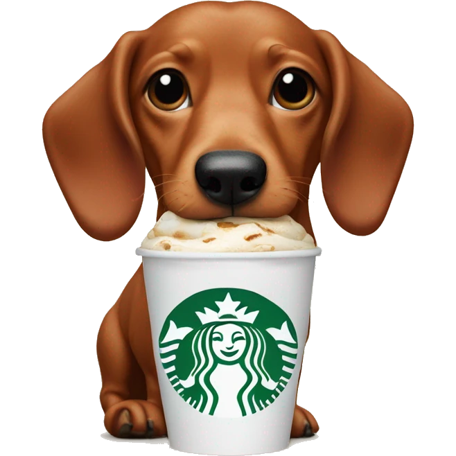 Red wiener dog licking a Starbucks pup cup  emoji