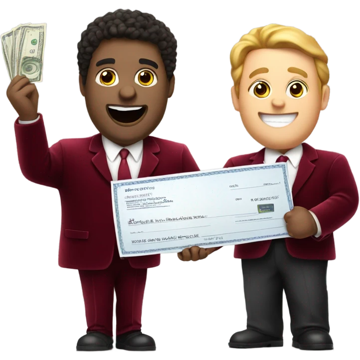 fat guy in dark red velvet suit holding cheque emoji