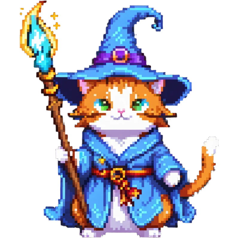 A cat wizard casting a spell with magical staff and flowing robes emoji