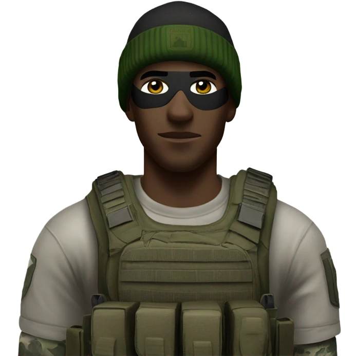 white male, tall, call of duty Logan mask, green camo tactical gear, combat boots, black beanie, hazel eyes emoji
