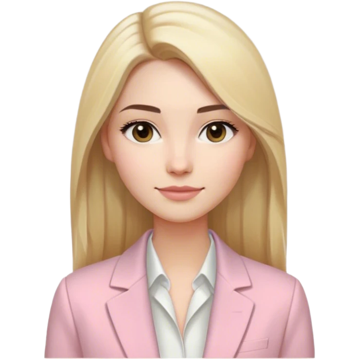 Young woman with long, straight blonde hair with a center part. Oval face with natural eyebrows, dark brown eyes and a subtle smile. Light makeup with natural pale pink lips. Wearing a light yellow blazer over a black top. Modern, professional style with delicate facial features.​​​​​​​​​​​​​​​​ emoji