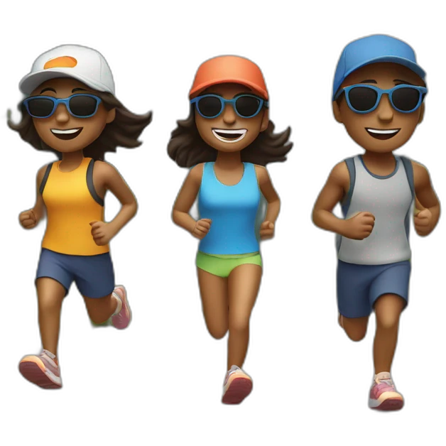 three friends running to the mountains wearing a cap and sunglasses emoji