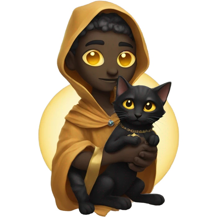 A sun warlock who is pale and is holding a black kitten emoji