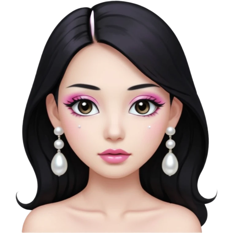 asian long black hair silver grey eyes glossy lips glittery white and pink eyeshadow girl pearl earrings emoji