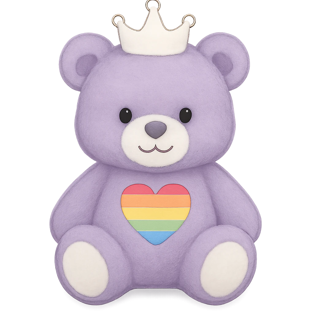 Change the crown to white on the purple and white teddy bear with a heart-shaped rainbow patch. Keep it soft and plush with no shadows and flat lighting. Remove the background. emoji
