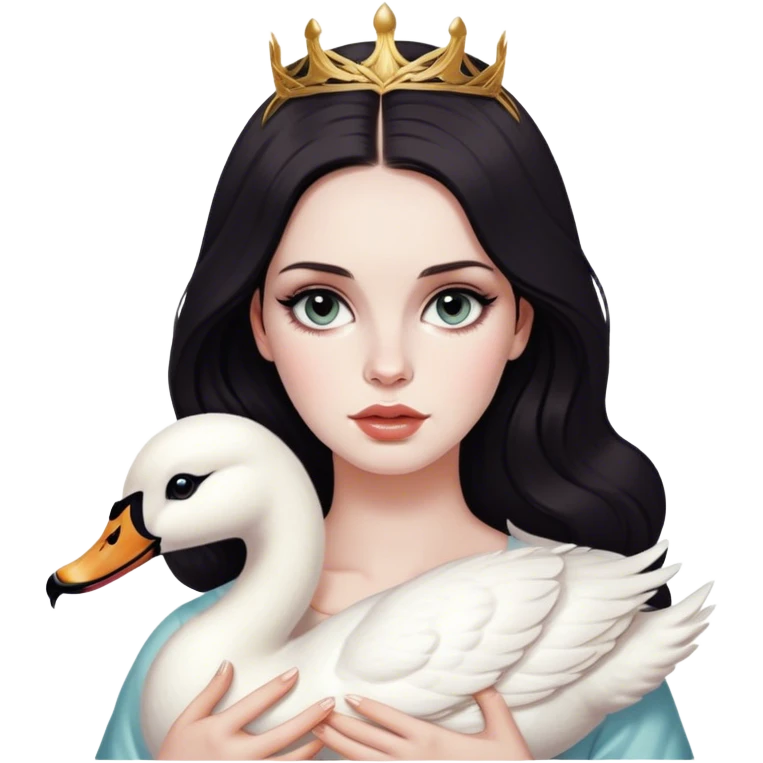 Girl who looks like Lana del Rey with dark hair, dark cat eyes, pale skin, with a Roman nose, holding a swan emoji