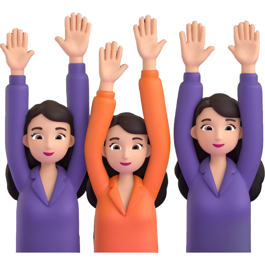 group of happy women, stylishly dressed, raising their hands emoji