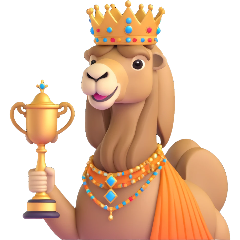 dromedary with a crown on its head and a trophy with #1 on it emoji