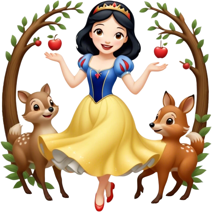 Cinematic Playful Snow White Portrait Emoji, Laughing while dancing with woodland animals, dress twirling gracefully, a whimsical sparkle in her eye, radiating charm and pure delight! emoji