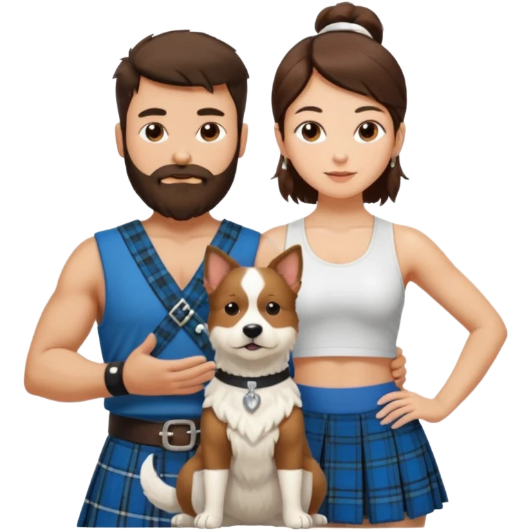 emoji of brunette man with beard wearing kilt, brunette woman in yoga outfit and one white fluffy dog emoji
