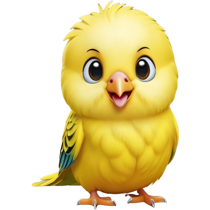 Cinematic Comical Yellow Budgie Portrait Emoji, Head tilted dramatically with an exaggeratedly amused expression, featuring a striking yellow feathered fur with a glossy finish, wide, expressive dark eyes filled with playful disbelief, Simplified yet hilariously expressive features, highly detailed, glowing with a slightly sassy glow, high shine, dramatic yet playful, stylized with an air of cheeky mischief, bright and endearing, soft glowing outline, capturing the essence of a spirited and over-the-top budgie, so meme-worthy it feels like it could side-eye its way into internet fame instantly! emoji