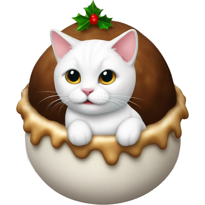 A white cat in a Christmas pudding petbed emoji