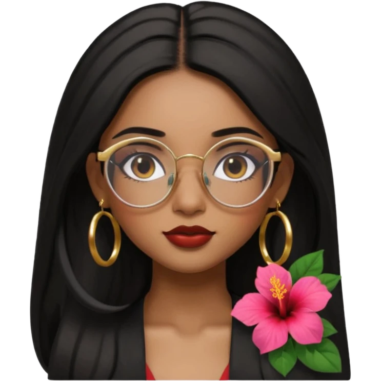 beautiful sexy brown girl with glasses, aesthetic, straight black long hair with side part, hibiscus in hair, gold hoop earrings, simple, beautiful, seductive, pretty, apple memoji style emoji