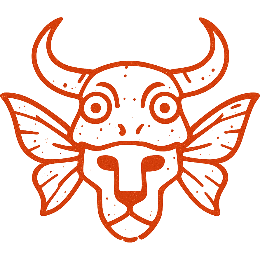 a minimalist red line art icon of only a terrifying fused head with minotaur skull horns, stoat face structure, frog eyes, and moth wings growing from the sides of the skull, transparent middle, extremely weathered and scratched appearance with deliberately missing sections, torn edges, and smudged lines, sparse red elements only emoji