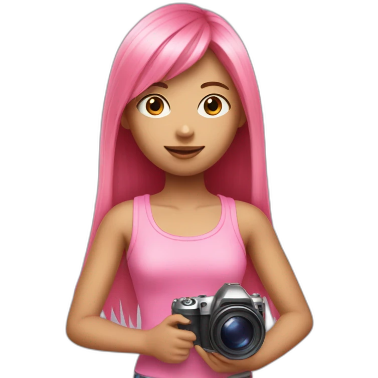 girl with long, straight rose hair with fringe and holding camera and paint brush and wearing pink tank top emoji