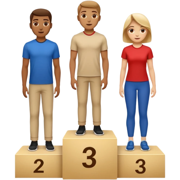 show people on podium in second, first then third position.  The podium should be labeled 2, 1, 3. The middle position should only have the number 1.  the people should be dressed causally in regular relaxed clothes

 emoji