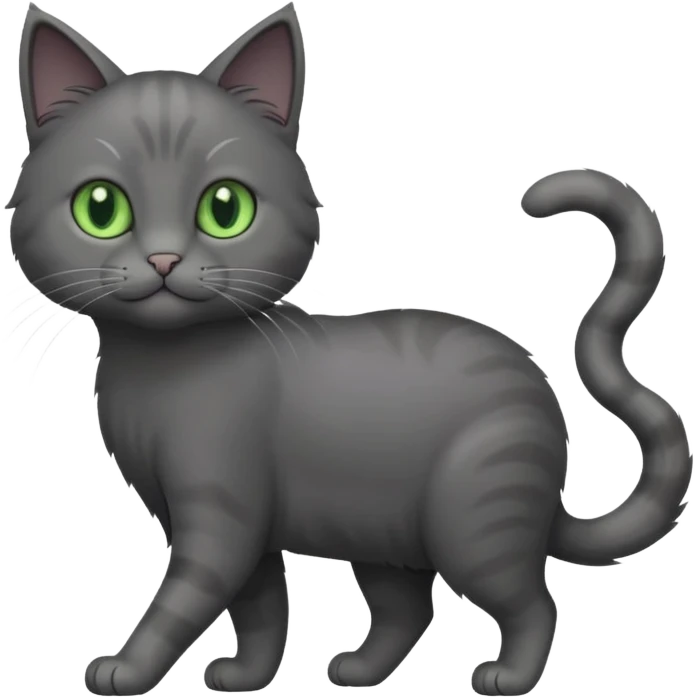 full body solid dark grey cat with green eyes, white paws and white whiskers walking emoji