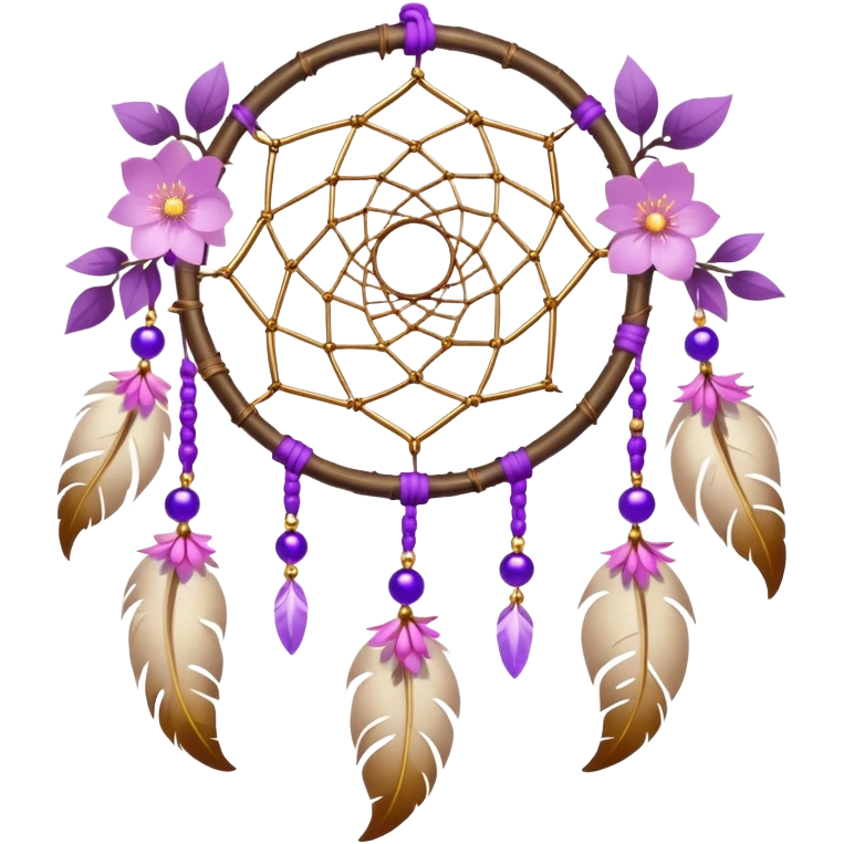 A white-birch-framed Dreamcatcher. with purple-round-orbs, gold-rings hanging down. purple flowers, pink sakura flowers, emoji