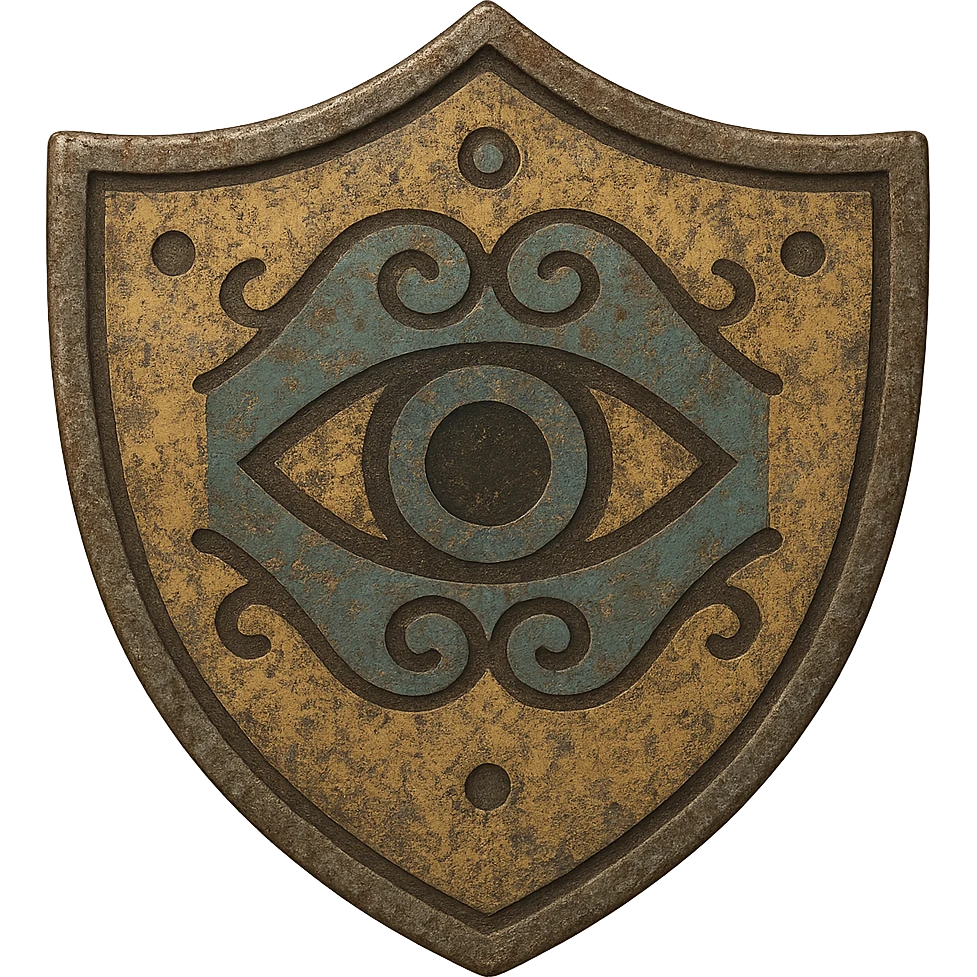 Make the shield with the Eye of Ibad look more ancient, with weathered metal, faded paint, and worn details, keeping the background transparent. emoji