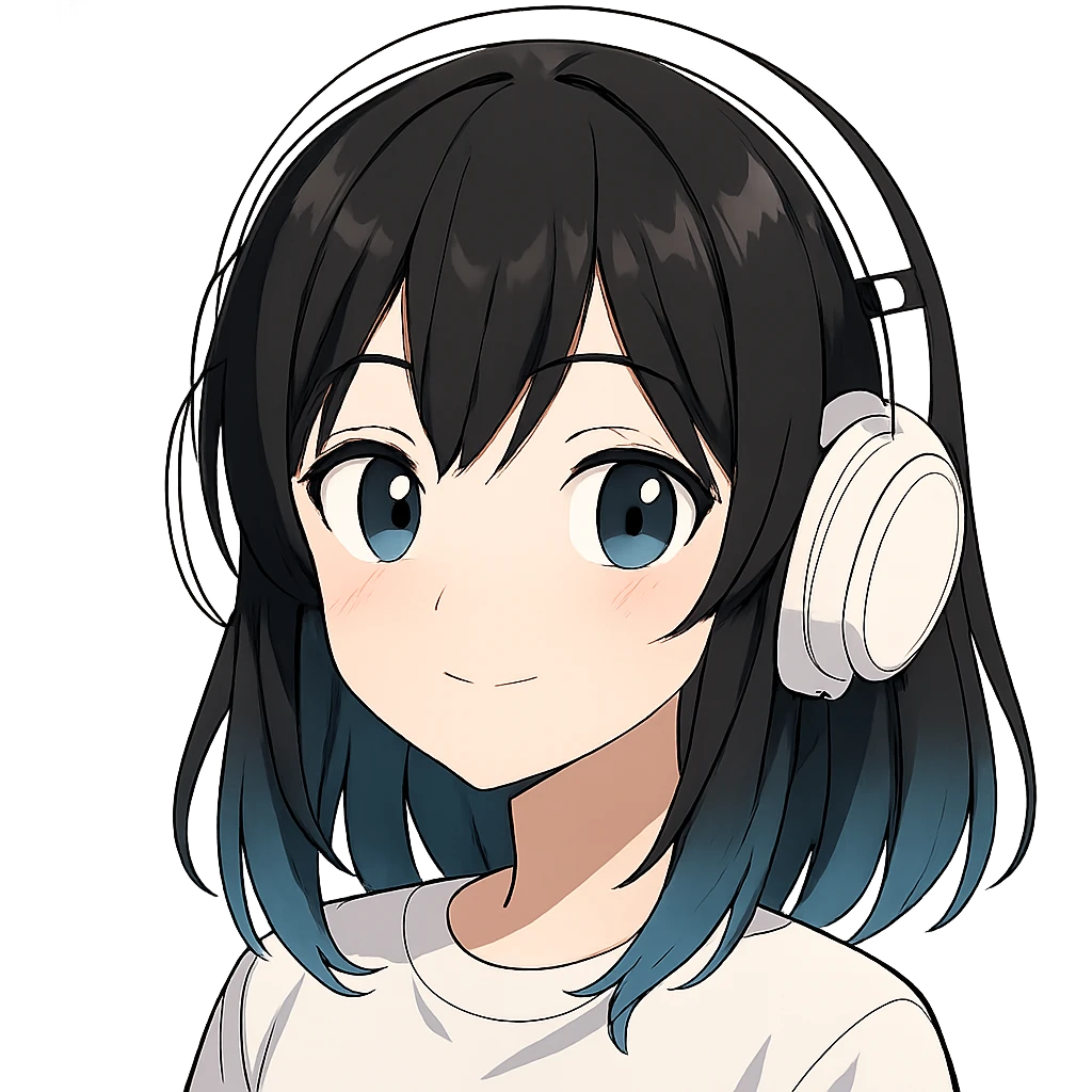 girl with medium black hair with blue tips wearing white headset, anime style emoji