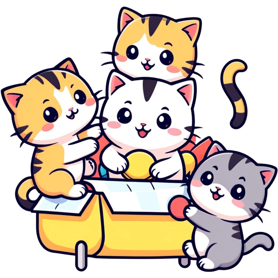 ten cute kittens playing with a doll, cartoonish sticker style emoji