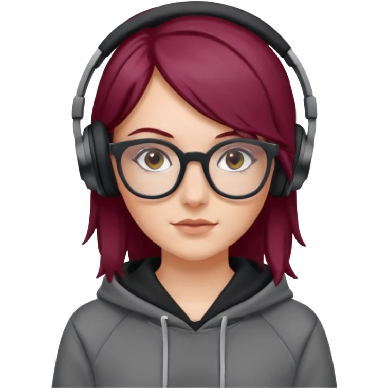 white girl with burgundy hair, gray rectangle glasses, black deportive hoodie and black headphones emoji