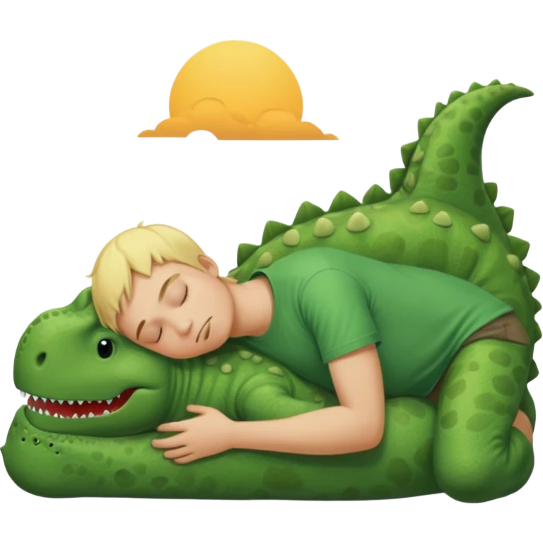Blond boy sleeping wearing green dinosaur t-shirt emoji