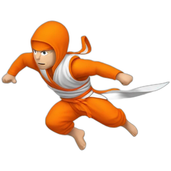 male Ninja Warrior athlete in orange white cloths, captured mid-air emoji