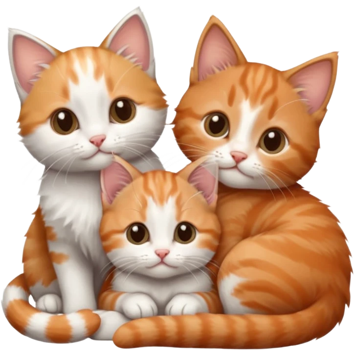 3 tiny kittens cuddling together all different colours, the first one is grey and white, the second is ginger and white and the third is brown tabby and white emoji