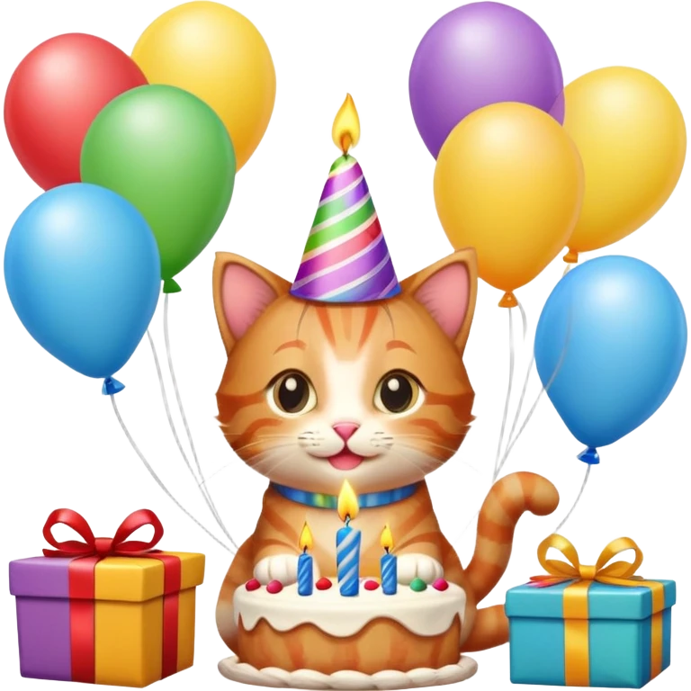 Ginger tabby kitten celebrates birthday, birthday hat, birthday cake, one candle, balloons, happy, gifts emoji