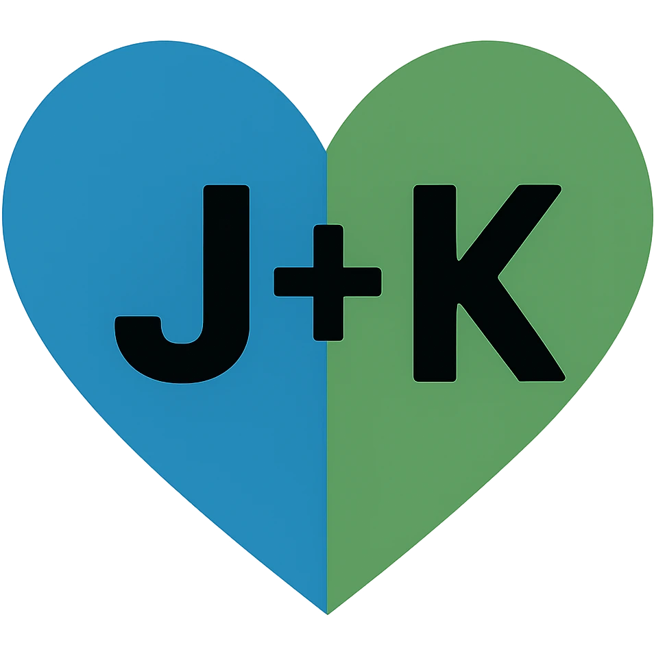In the blue and green heart, place the letter J on the blue part and the letter K on the green part, maintaining a modern style with a transparent background. emoji