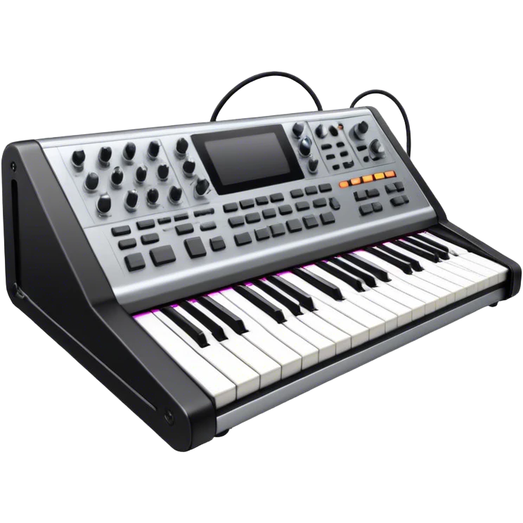 Create a professional and detailed emoji that represents sound design. The design should feature a high-end studio synthesizer, specifically a Korg synthesizer, with a mixing console and control panel, all connected with audio cables. Surround the equipment with flowing sound waves or musical notes to symbolize the creation and manipulation of sound. Use colors like metallic silver, black, and neon accents to emphasize the technical, creative nature of sound design. The background should be transparent. emoji