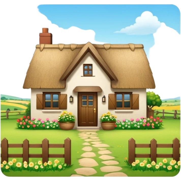 A countryside cottage with a thatched roof, wooden door, flowers around the house, green fields, peaceful rural scenery, natural lighting, detailed and realistic emoji