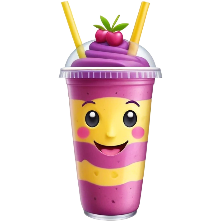 Cute Kawaii Smoothie Cup, filled with blended fruity goodness, a smiling face with excited eyes, bright colorful layers of pink, yellow, and purple, topped with a straw and tiny fruit slices! emoji