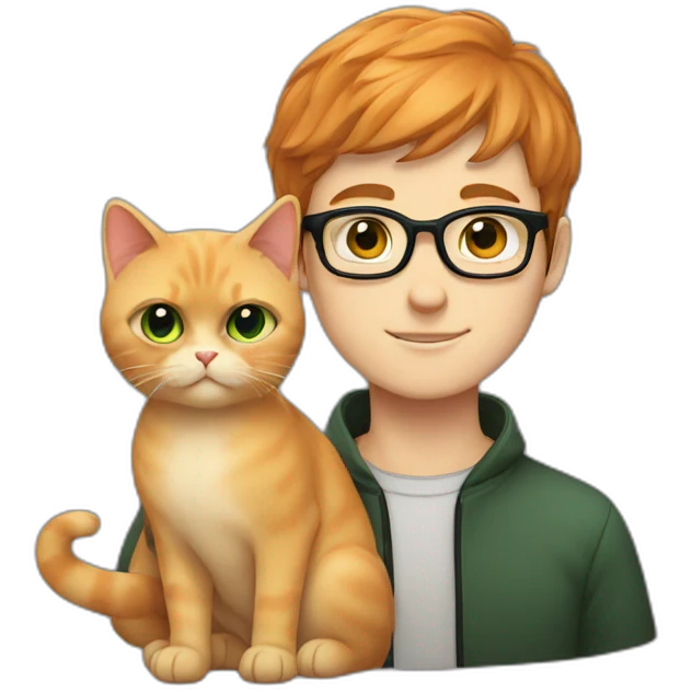 Boy with green eyes, glasses, with black short hair, with orange Persian cat emoji