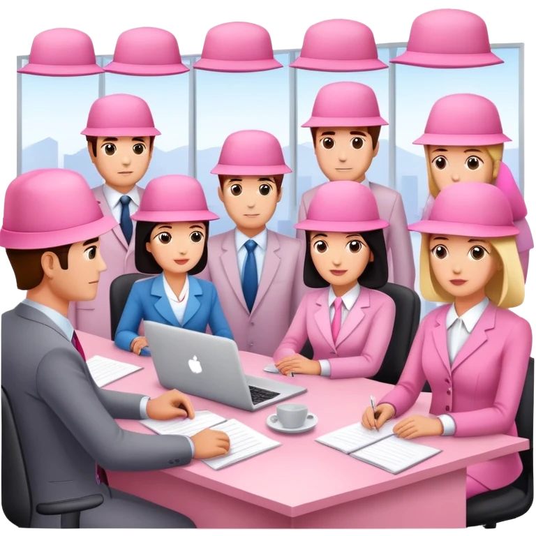 people in pink SPAM office setting with a SPAMGAGE meeting landscape  emoji