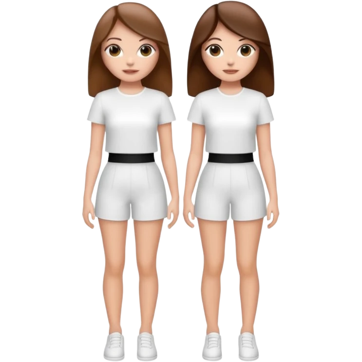 👯‍♀️ generate this emoji, as two white girls, bffs, the same pose but maybe the outfit cuter. we are models. both with brown hair. one girl in white outfit, the other in black. luxury outfits  emoji